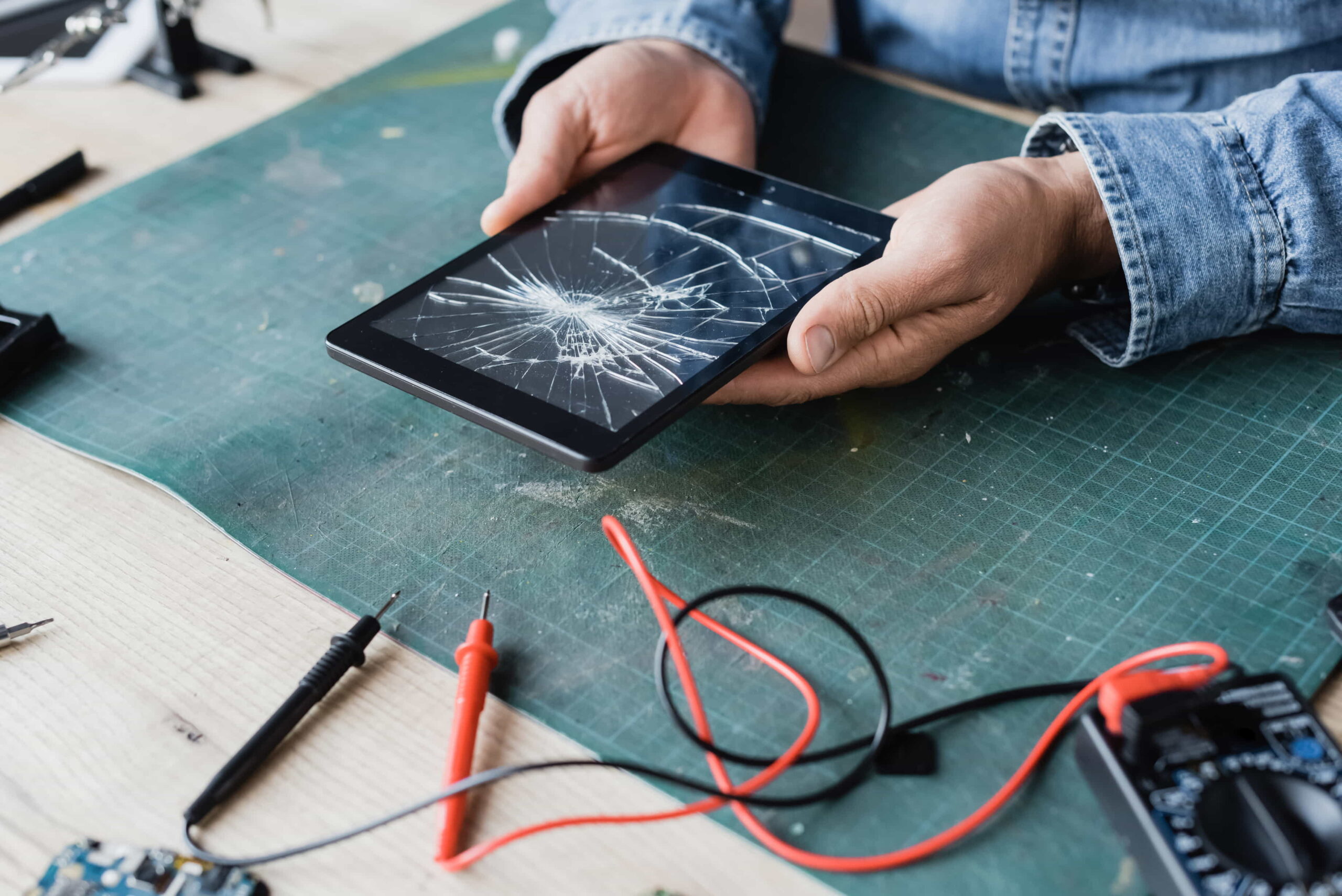Closeup of a person holding a tablet with a cracked screen at a workshop desk with some tools