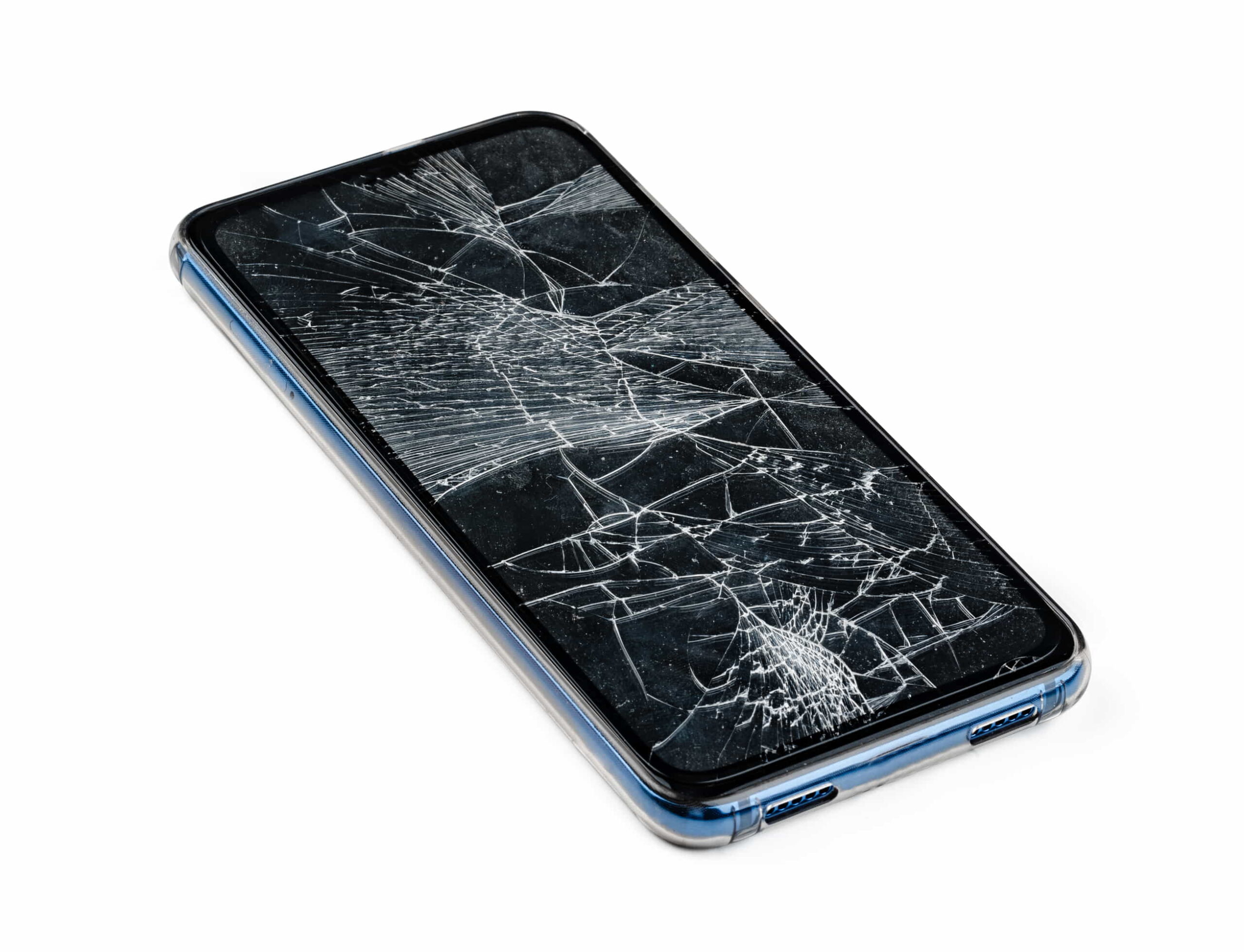 A smartphone with a cracked screen on a white background.