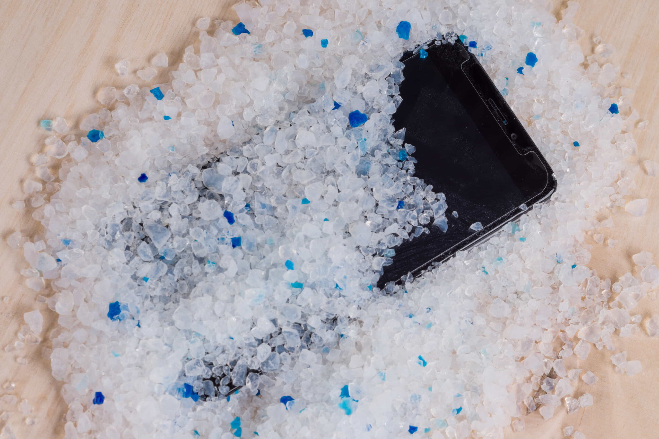 A smartphone in silica gel filler to absorb moisture